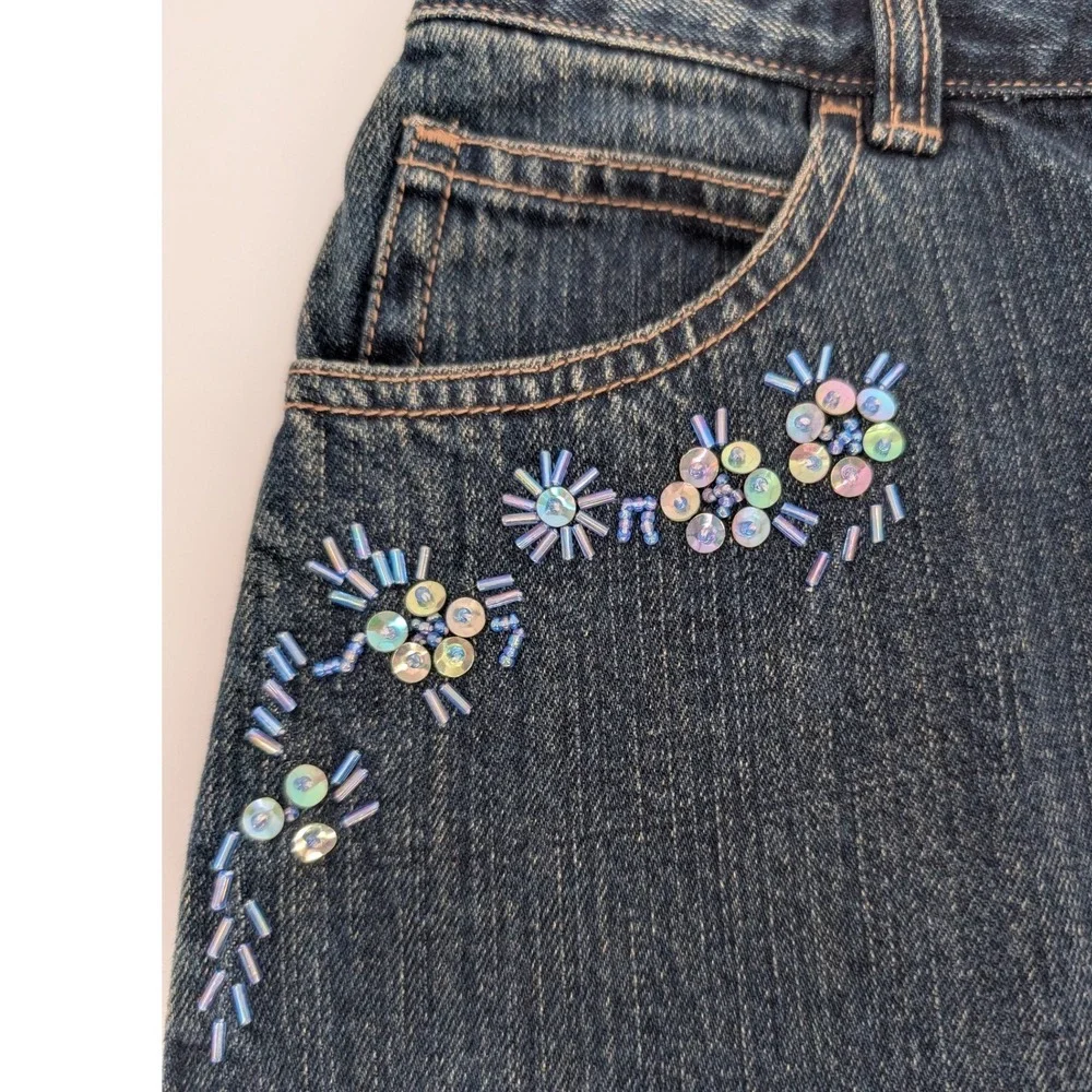 Gap Denim Skirt Girls 10‎ Dark Blue Beaded Floral Embroidered Y2K Vintage 2002